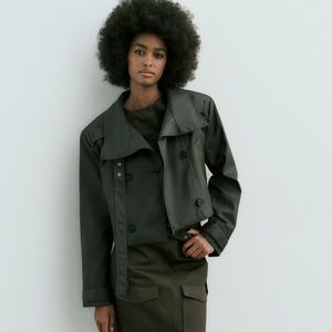 Zara Waxed Trench Jacket Small Green